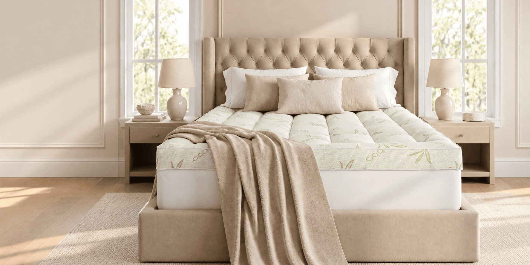 Bamboo mattress topper on a styled bed