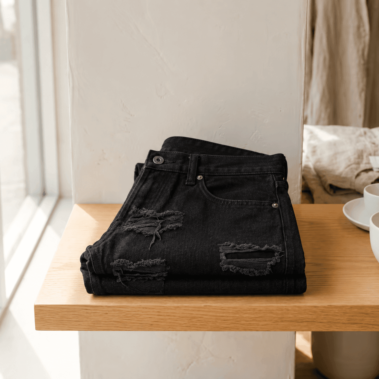 Folded black distressed jeans on a wooden shelf