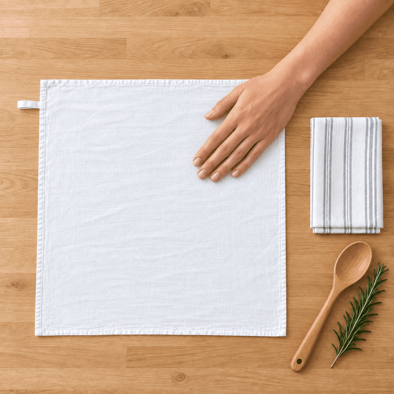 Flour sack towel laid flat on a wooden counter